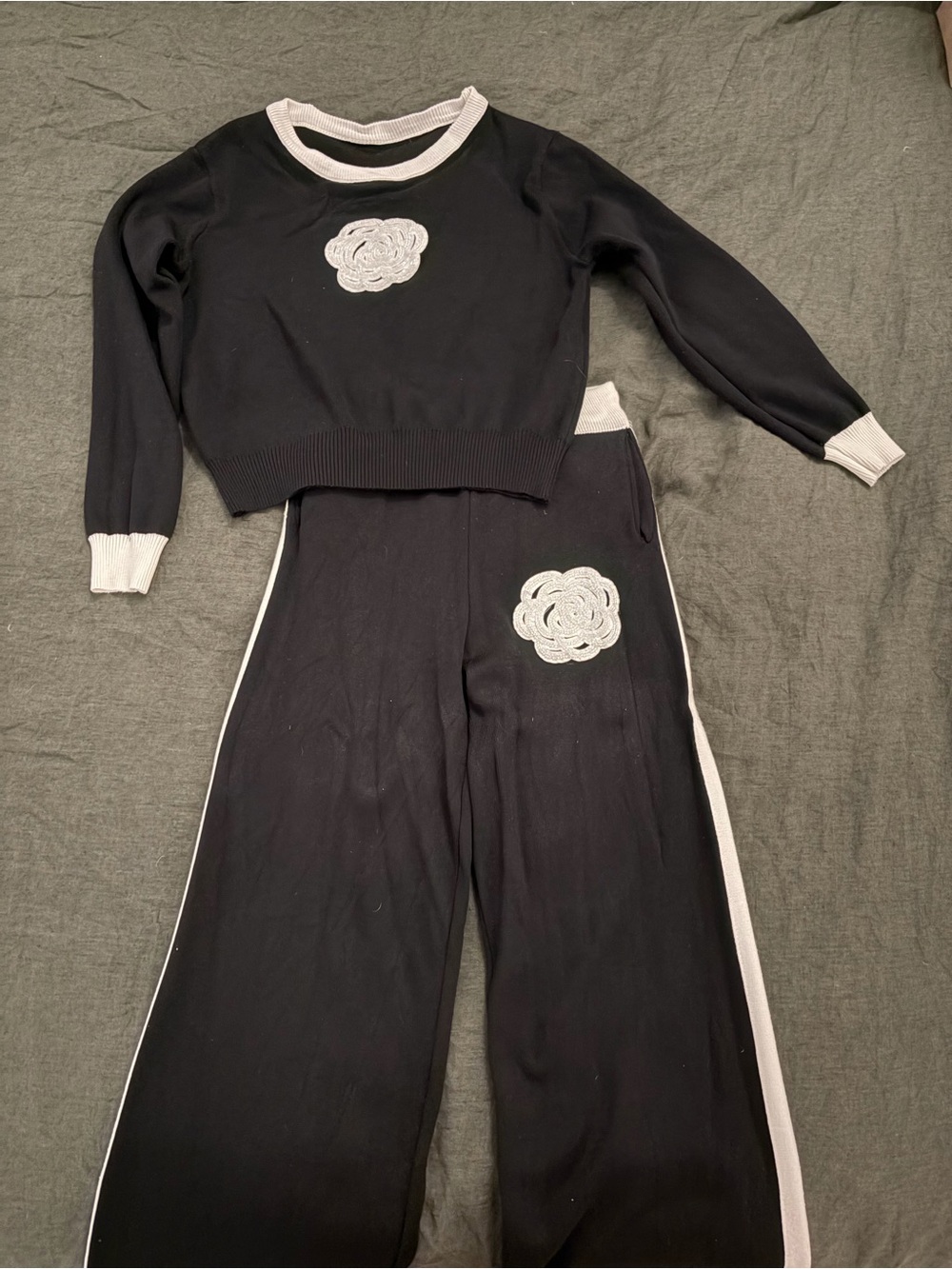 Black Two-Piece Knit Set with White Floral Appliqués